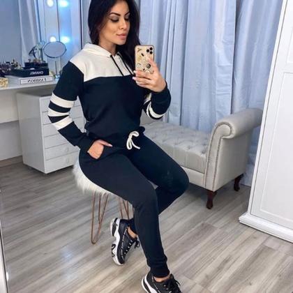 Imagem de Conjunto Moletom Feminino Inverno Frio Malha Crepe com Capuz Blusa + Calça Preto