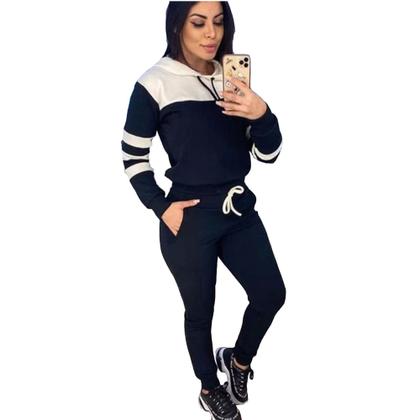 Imagem de Conjunto Moletom Feminino Inverno Frio Malha Crepe com Capuz Blusa + Calça Preto