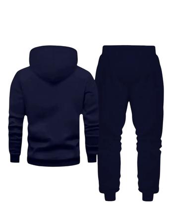 Imagem de Conjunto moletom flanelado azul marinho blusa com capuz bolso canguru e calça com bolsos barra punho