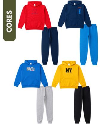 Imagem de Conjunto Moletom Infantil Juvenil Masculino Blusa e Calça Flanelado, com capuz bolso canguru Roupa menino inverno tamanhos 10 12 14 16