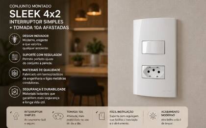 Imagem de Conjunto Montado Sleek 4x2 1 Interruptor simples + 1 Tomada 10A Afastadas Margirius