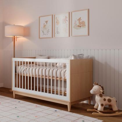 Imagem de Conjunto Móveis Bebê Tomi Berço que vira caminha e Cômoda 3 gavetas Branco com Carvalho