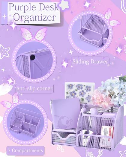 Imagem de Conjunto Organizador de Mesa Vamrak 23 Peças Roxo Material de Escritório
