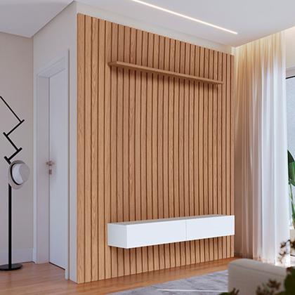 Conjunto Painel Ripado e Prateleira Sala Top Freijo/Off White Matte - Alpoim Imagem de Conjunto Painel Ripado e Prateleira Sala Top Freijo/Off White Matte