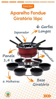 Imagem de Conjunto Panela Fondue Aparelho Giratório 16 pc Aspen Completo Kit Fundi Carrossel c/ Rechaud Receitas Doce