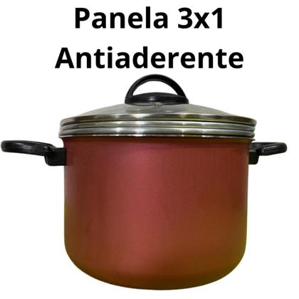 Imagem de Conjunto Panela Multi Uso 3x1 Antiaderente  Cozivapor Legumes  Caldeirão Vermelho e Preto