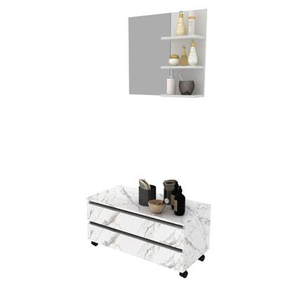 Imagem de Conjunto para Banheiro com Espelho Branco e Gabinete Móvel Mármore Branco Tecno Mobili