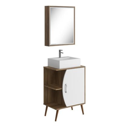 Imagem de Conjunto para Banheiro Gabinete 1 Porta e Espelheira Ghana Marrom/Branco/Nogal