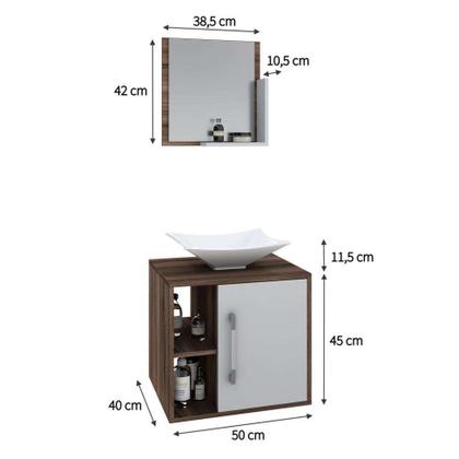 Conjunto para Banheiro Gabinete com Cuba Folha L38 e Espelheira Soft 500 Nogal com Branco - Mobly Imagem de Conjunto para Banheiro Gabinete com Cuba Folha L38 e Espelheira Soft 500 Nogal com Branco