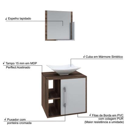 Conjunto para Banheiro Gabinete com Cuba Folha L38 e Espelheira Soft 500 Nogal com Branco - Mobly Imagem de Conjunto para Banheiro Gabinete com Cuba Folha L38 e Espelheira Soft 500 Nogal com Branco