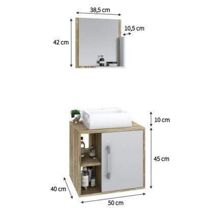 Conjunto para Banheiro Gabinete com Cuba Q32 e Espelheira Soft 500 Carvalho com Branco - Mobly Imagem de Conjunto para Banheiro Gabinete com Cuba Q32 e Espelheira Soft 500 Carvalho com Branco