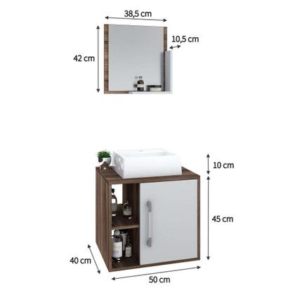 Conjunto para Banheiro Gabinete com Cuba Q32 e Espelheira Soft 500 Nogal com Branco - Mobly Imagem de Conjunto para Banheiro Gabinete com Cuba Q32 e Espelheira Soft 500 Nogal com Branco
