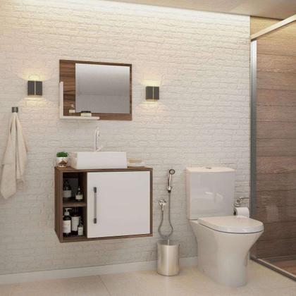 Imagem de Conjunto para Banheiro Gabinete com Cuba Q32 e Espelheira Soft 600  Nogal com Branco