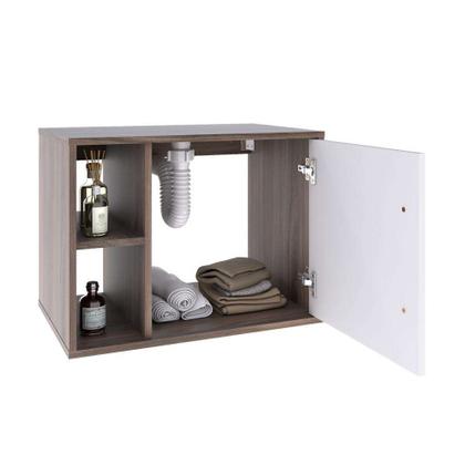 Imagem de Conjunto para Banheiro Gabinete com Cuba Q32 e Espelheira Soft 600  Nogal com Branco