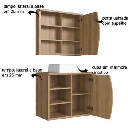 Imagem de Conjunto para Banheiro Gabinete Supenso 70cm com Cuba e Espelheira 1 Porta 3 Nichos Laura