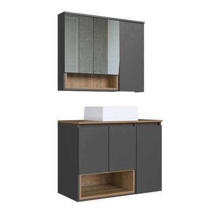 Imagem de Conjunto para Banheiro Gabinete Suspenso 80cm com Cuba e Espelheira 3 Portas e Nicho Cecília