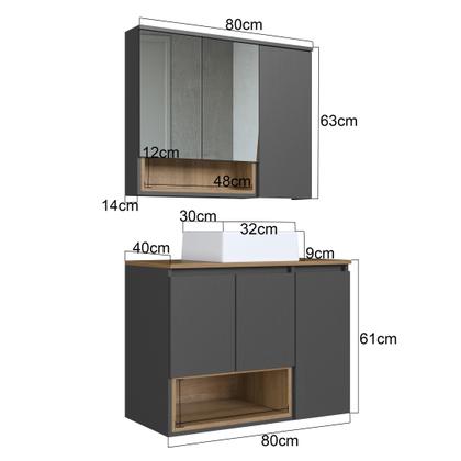 Imagem de Conjunto para Banheiro Gabinete Suspenso 80cm com Cuba e Espelheira 3 Portas e Nicho Cecília