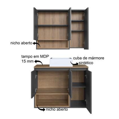Imagem de Conjunto para Banheiro Gabinete Suspenso 80cm com Cuba e Espelheira 3 Portas e Nicho Cecília Marrom/Mel/Grafite