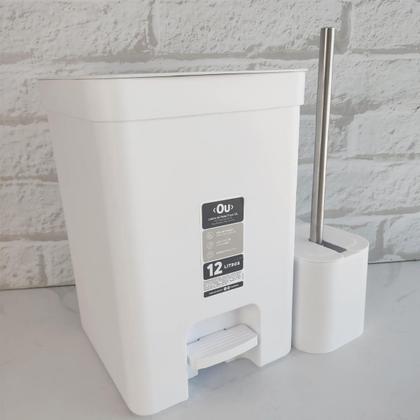 Imagem de Conjunto para Banheiro Lixeira de Pedal 12L Trium e Escova Sanitária com Suporte Dual Branco OU