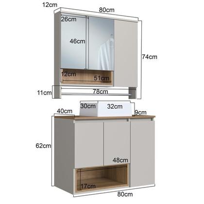 Imagem de Conjunto para Gabinete Suspenso 80cm com Cuba e Espelheira 3 Portas com Toalheiro e Nicho Olívia