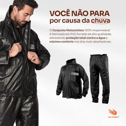 Imagem de Conjunto Para Motoqueiro Capa De Chuva Roupa Reforçada Pvc Preto Proteção Motociclista