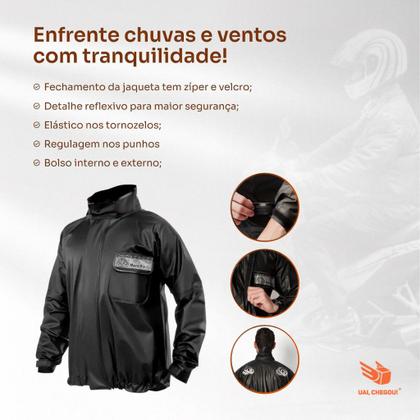 Imagem de Conjunto Para Motoqueiro Capa De Chuva Roupa Reforçada Pvc Preto Proteção Motociclista