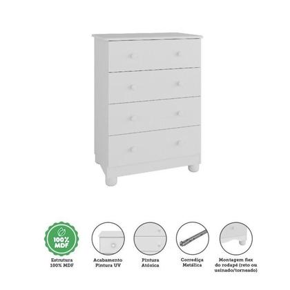 Imagem de Conjunto para Quarto de Bebê com Berço 2 em 1 Cloe Cômoda 4 Gavetas Júnior Móveis Peroba Branco Brilho