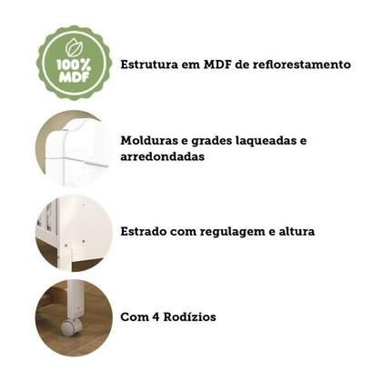 Imagem de Conjunto para Quarto de Bebê com Berço 2 em 1 Cloe Cômoda 4 Gavetas Júnior Móveis Peroba Branco Brilho