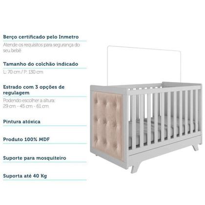 Imagem de Conjunto para Quarto de Bebê com Cômoda 1 Porta 4 Gavetas e Berço com Capitone Retrô Móveis Peroba Branco Brilho/Pena Areia