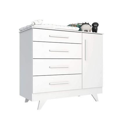 Imagem de Conjunto para Quarto de Bebê com Cômoda 1 Porta 4 Gavetas e Berço com Capitone Retrô Móveis Peroba Branco Brilho/Pena Areia