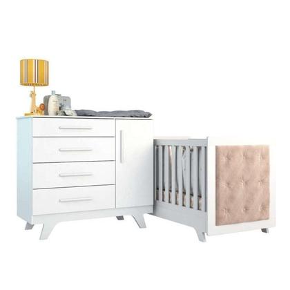 Imagem de Conjunto para Quarto de Bebê com Cômoda 1 Porta 4 Gavetas e Berço com Capitone Retrô Móveis Peroba Branco Brilho/Pena Areia