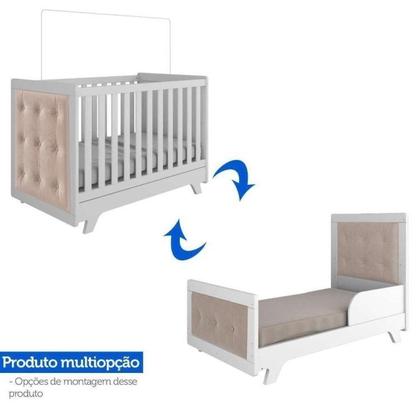 Imagem de Conjunto para Quarto de Bebê com Cômoda 1 Porta 4 Gavetas e Berço com Capitone Retrô Móveis Peroba Branco Brilho/Pena Areia