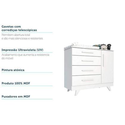 Imagem de Conjunto para Quarto de Bebê com Cômoda 1 Porta 4 Gavetas e Berço Mini Cama Retrô Móveis Peroba Branco Brilho