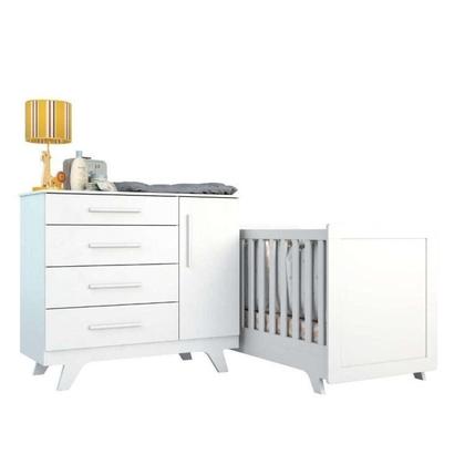 Imagem de Conjunto para Quarto de Bebê com Cômoda 1 Porta 4 Gavetas e Berço Mini Cama Retrô Móveis Peroba Branco Brilho