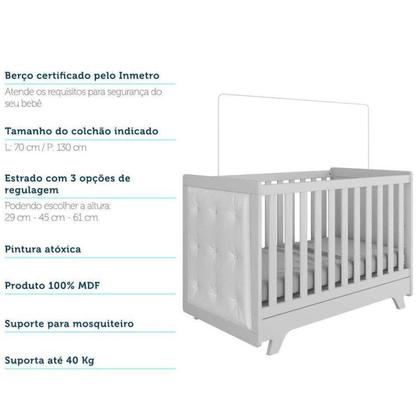 Imagem de Conjunto para Quarto de Bebê com Cômoda de Bebê Berço com Capitone e Prateleira Retrô Móveis Peroba Branco Brilho/material sintético Branco