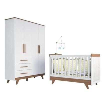 Imagem de Conjunto para Quarto de Bebê com Guarda Roupa 4 Portas e Berço com Capitone Retrô Móveis Peroba Branco Brilho/Carvalho/material sintético Branco