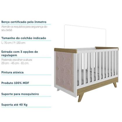 Imagem de Conjunto para Quarto de Bebê com Guarda Roupa 4 Portas e Berço com Capitone Retrô Móveis Peroba Branco Brilho/Carvalho/Pena Areia