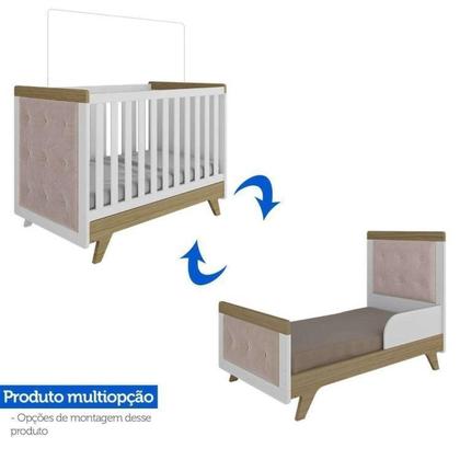 Imagem de Conjunto para Quarto de Bebê com Guarda Roupa 4 Portas e Berço com Capitone Retrô Móveis Peroba Branco Brilho/Carvalho/Pena Areia