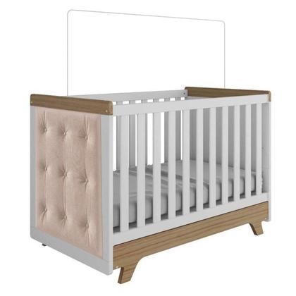 Imagem de Conjunto para Quarto de Bebê com Guarda Roupa 4 Portas e Berço com Capitone Retrô Móveis Peroba Branco Brilho/Carvalho/Pena Areia