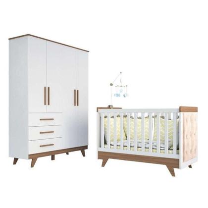 Imagem de Conjunto para Quarto de Bebê com Guarda Roupa 4 Portas e Berço com Capitone Retrô Móveis Peroba Branco Brilho/Carvalho/Pena Areia