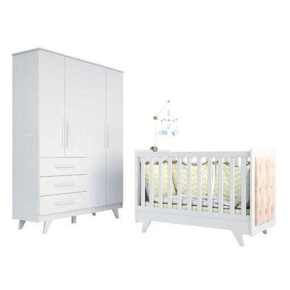 Imagem de Conjunto para Quarto de Bebê com Guarda Roupa e Berço com Capitone Retrô Móveis Peroba Branco Brilho/Pena Areia