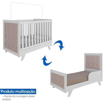 Imagem de Conjunto para Quarto de Bebê com Guarda Roupa e Berço com Capitone Retrô Móveis Peroba Branco Brilho/Pena Areia
