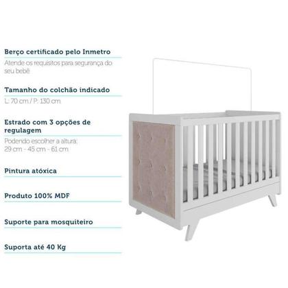 Imagem de Conjunto para Quarto de Bebê com Guarda Roupa e Berço com Capitone Retrô Móveis Peroba Branco Brilho/Pena Areia