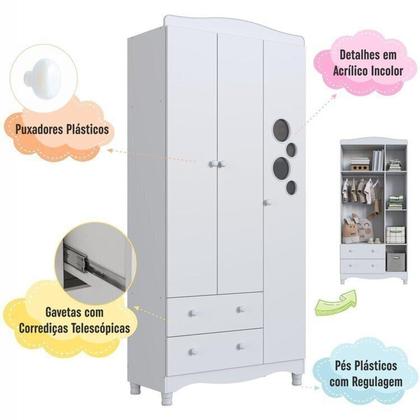 Imagem de Conjunto para Quarto Infantil com Guarda-Roupa e Cômoda Trocador Encanto Branco