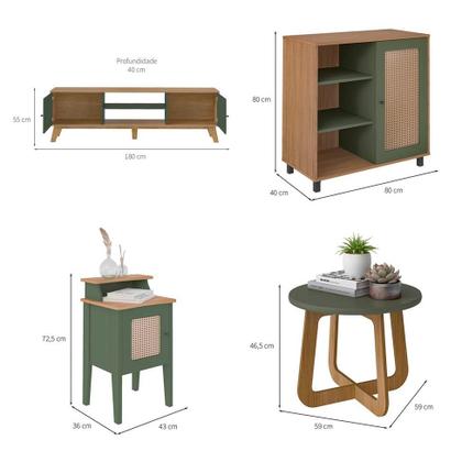 Imagem de Conjunto para Sala de Estar Charlotte com Rack para TV até 75 polegadas, Buffet 1 PT, Mesa Lateral 1 PT e Mesa de Centro Verde Menta e Carvalho
