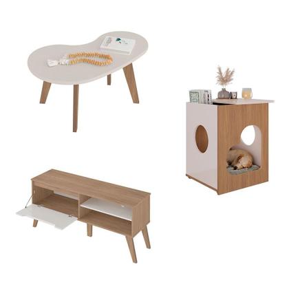 Imagem de Conjunto para Sala de Estar Lotus com Rack para TV até 60 Polegadas, Mesa de Centro e Mesa Lateral Carvalho e Off White