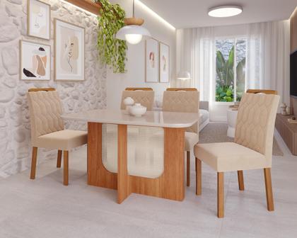 Imagem de Conjunto Para Sala De Jantar Louise 130cm Com 4 Cadeiras Paola Cinamomo/Off White/Madeira/Nude Cimol Móveis