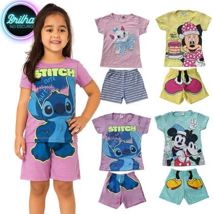 Imagem de Conjunto Pijama Brilha no Escuro Personagens Menina Infantil Minnie Stitch Malha Levinha
