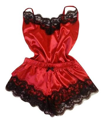 Imagem de Conjunto Pijama Curto Feminino Baby Doll De Seda Short Lingerie Renda Sexy 2 Peças