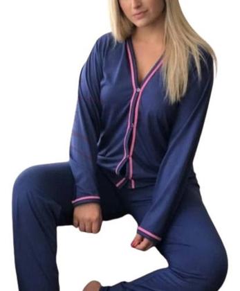 Imagem de Conjunto Pijama Feminino Confortável Longo C/ Botão - C58